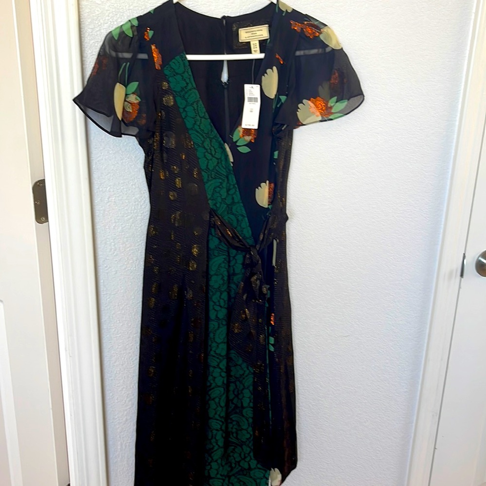 NWT Moulinette Soeurs by Anthropologie Black and Green flutter sleeve dress
